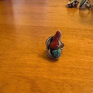 Silver Turquoise and Red Stone Ring